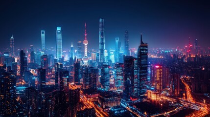 A futuristic smart city skyline at night, with illuminated buildings, advanced transportation systems