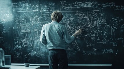 A quantum physicist presenting complex theories on a chalkboard,