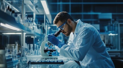 A scientist in a lab using a microscope to examine samples, surrounded by beakers, test tubes,