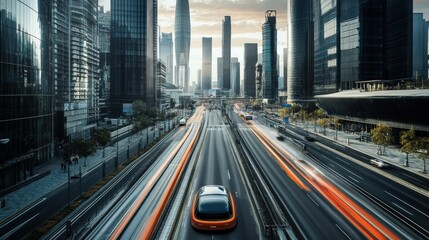 A smart city equipped with advanced infrastructure, including autonomous vehicles, smart traffic lights,