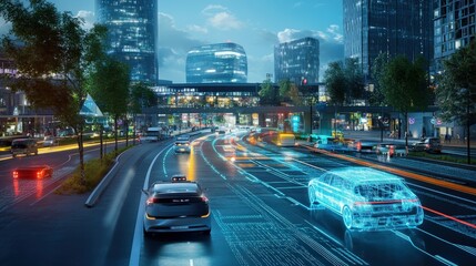 A smart city equipped with advanced infrastructure, including autonomous vehicles, smart traffic lights,