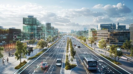 A smart city equipped with advanced infrastructure, including autonomous vehicles, smart traffic lights,