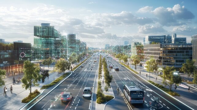 Fototapeta A smart city equipped with advanced infrastructure, including autonomous vehicles, smart traffic lights,