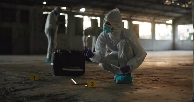 Swab, forensic and person with evidence in city for investigation, inspection and dna analysis. Ppe suit, detective research and investigator with sample for criminal clues, accident and observation