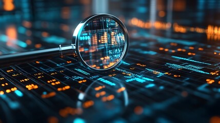 Magnifying Glass Over Blue And Orange Digital Code