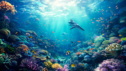 Vibrant Underwater Scene with Sharks and Coral Reef