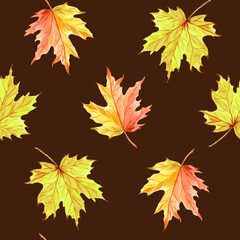 Autumn maple leaves seamless pattern. Fall foliage botanical background for pattern fills. Hand drawn watercolor illustration. Thanksgiving background. Template for wallpaper, website, card, fabric.
