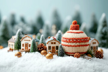 Naklejka premium Christmas decoration with small houses in the snow. Christmas greeting card.