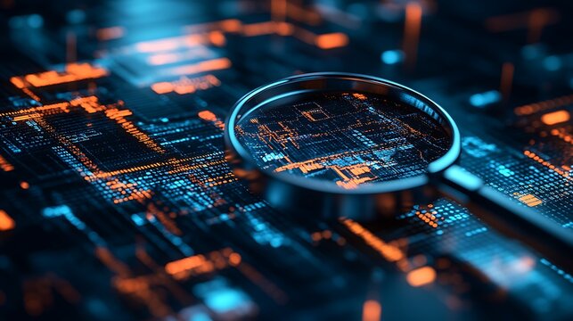 Magnifying Glass on Digital Circuit Board with Glowing Blue and Orange Lights