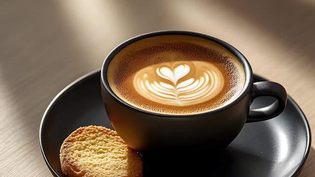 A single, perfectly brewed cup of espresso sits in the center of a matte black plate. The saucer has a small biscotti neatly placed beside it, with a delicate swirl of latte art on top