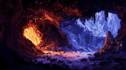 Two Caves Illuminated by Warm and Cool Light