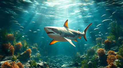 A shark swimming in a vibrant underwater scene with sunlight rays.