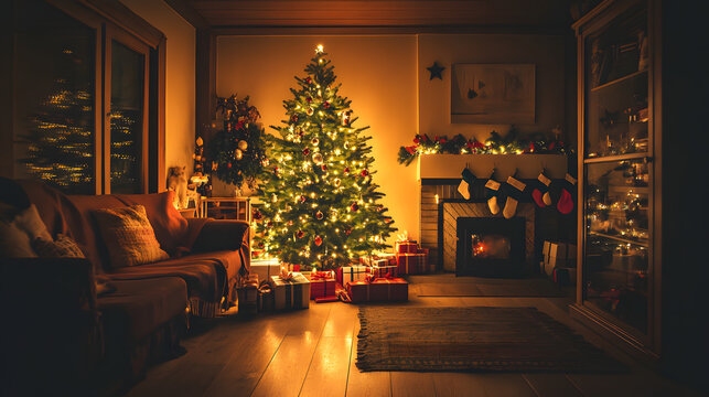 A living room at night with christmas tree - Powered by Adobe