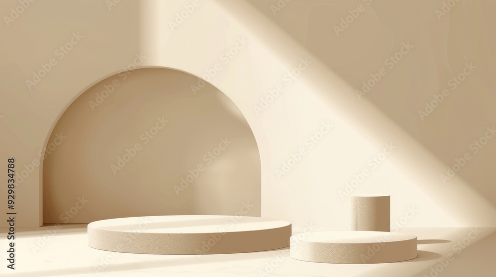 Poster a serene minimalist setting showcases a podium, designed for an elegant product display, bathed in w