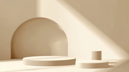 Fototapeta premium A serene minimalist setting showcases a podium, designed for an elegant product display, bathed in warm light