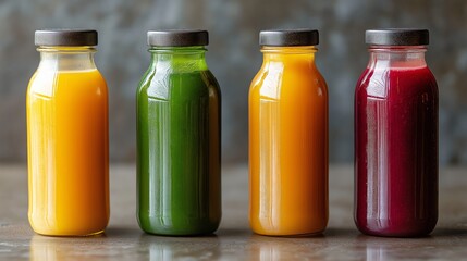 Four bottles of juice, one of which is green. The other three are orange. The bottles are lined up on a table
