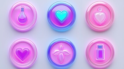 A set of six colorful buttons with hearts and other symbols. The buttons are arranged in a grid and are all pink