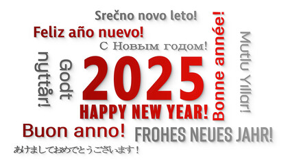 Illustration of a word cloud in different languages with the message happy new year in red and grey over white background - represents the new year 2025.