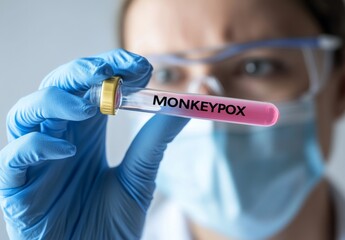 medical professional holding up a test tube labeled "Monkeypox" with a microscope visible in the blurred background