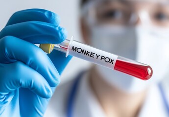medical professional holding up a test tube labeled "Monkeypox" with a microscope visible in the blurred background