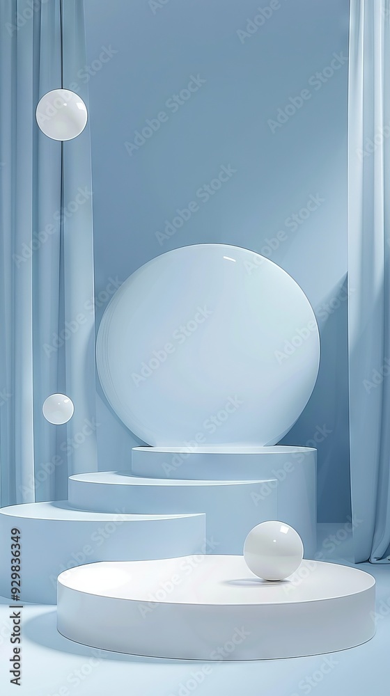 Poster Soft blue background enhances minimalist stage design with floating spheres and geometric shapes for an artistic showcase