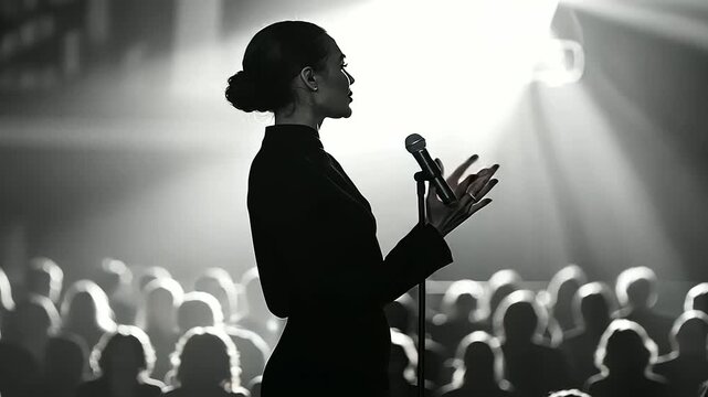 Graceful woman speaking confidently to a crowd, emphasizing her role in public speaking and leadership. The scene captures the essence of professional communication and authority
