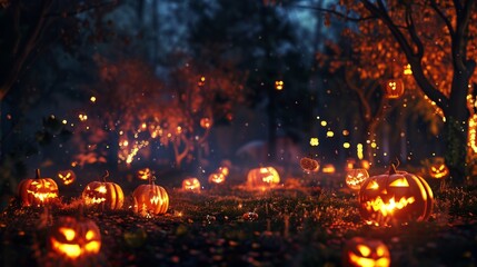 Fototapeta premium Scary Halloween dark park with pumpkins and trees in the night. Halloween, concept. Glowing pumpkin