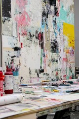 A creative workspace with a mood board in progress, including hand-drawn sketches, magazine clippings, and paint swatches