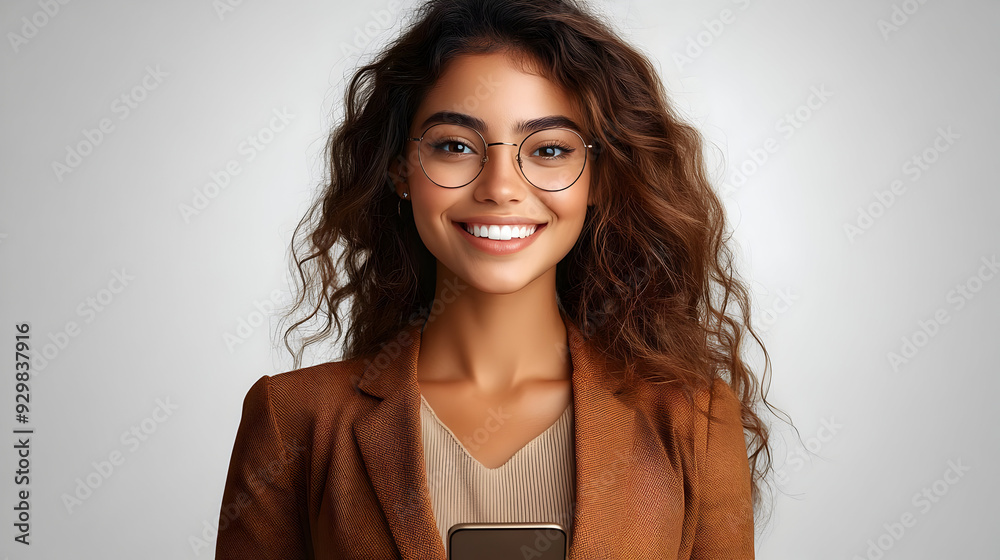 Poster A smiling woman with curly hair holds a smartphone, exuding confidence.