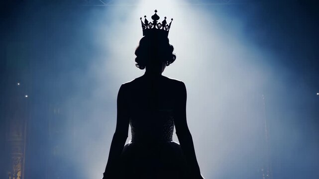 Silhouette girl in dress, crown. Queen stands in palace royal reception. Princess ball indoor. Winner of beauty contest miss world. Elegant stylish gown. Coronation of woman to throne. Back rear view.