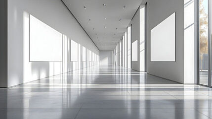 A spacious art gallery with natural light and blank walls.