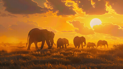 Fototapeta premium Beautiful landscape of a jungle with elephants standing in front of the sunset.