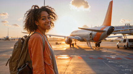 Young woman smiling at airport with airplane in background