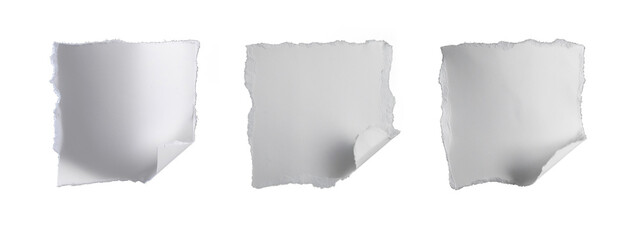 Collection of torn piece of blank paper floating transparent background, jagged edges and 3D shadows, distressed vintage design projects