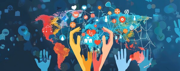 Global Connection of Helping Hands Surrounding a World Map with Icons