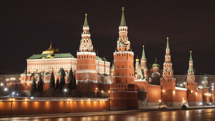 This is a picture of the Kremlin in Moscow, Russia, at night. It shows the Kremlin with its towers and the Moskva River in front.

