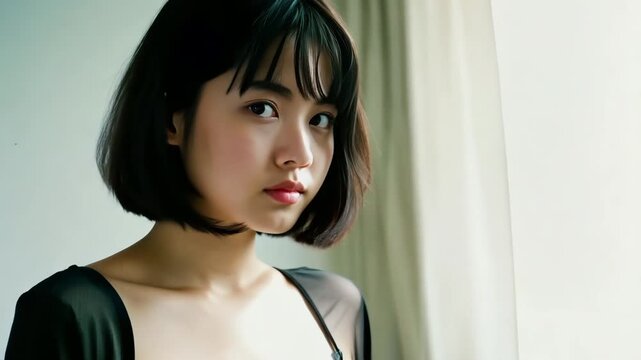 Sexy 20s Asian girl sitting in bedroom at home in black underwear. Beautiful women with short black hair. Bob hairstyle. Pretty cute female looking at camera, portrait close up. Bed background.