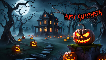 Halloween background with pumpkins and haunted house. Spooky scary dark Night forest and halloween background with Evil Pumpkin. Holiday event halloween banner background