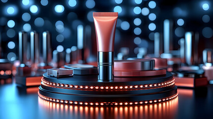 A stylish display of cosmetic products illuminated by lights.