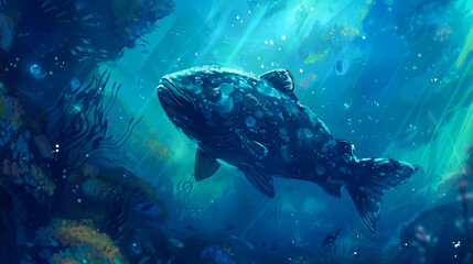 Fototapeta premium A Large, Spotted Fish Swimming Through Blue Water