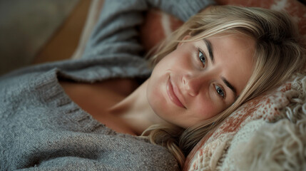 Young woman relaxing comfortably on a cozy bed. Generative AI