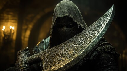 A shadowy hooded figure grips an ornate, intricately carved blade, standing menacingly in a dimly lit medieval setting.