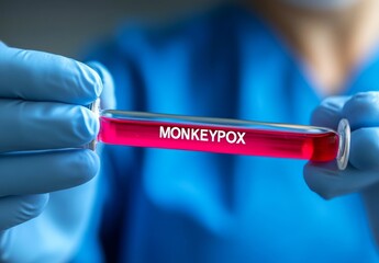 medical professional holding up a test tube labeled "Monkeypox" with a microscope visible in the blurred background