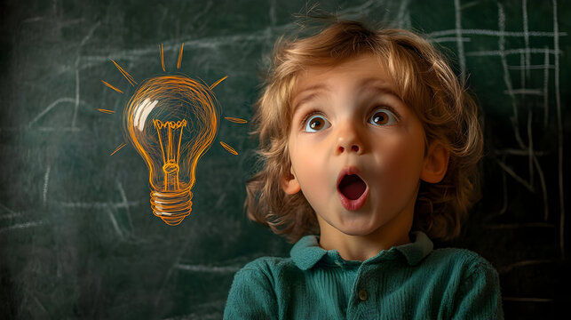 A surprised child with a light bulb illustration, symbolizing ideas.