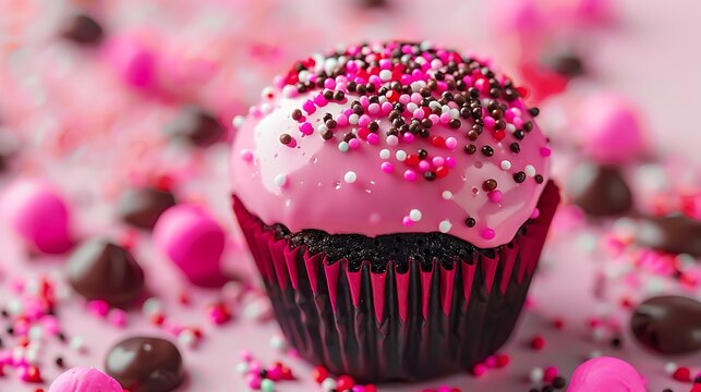 Bright pink chocolate dessert on a warm backdrop with beautiful sprinkles