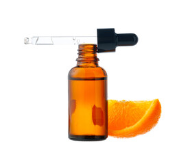 Vitamin C cosmetic bottle in with orange on white background