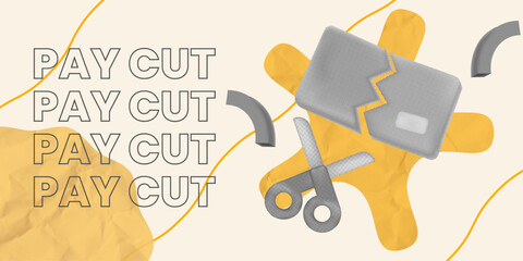 Collage halftone 'Pay Cut' text, broken card, and scissors, Ideal for articles on salary reduction, budget cuts, and finance management
