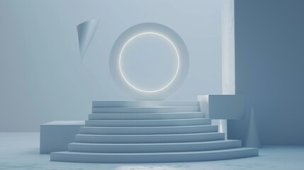 Obraz premium A serene light blue stage features a circular light element and modern geometric structures against a calm backdrop, perfect for showcasing artistic performances