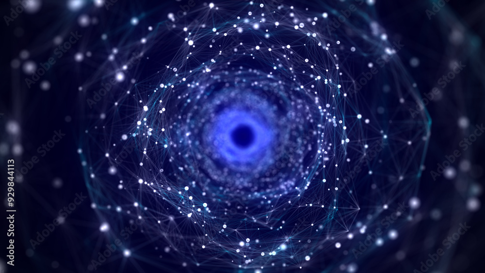 Poster Abstract 3d portal. Tunnel or wormhole. Digital blue background with connected blue dots. 3d rendering.