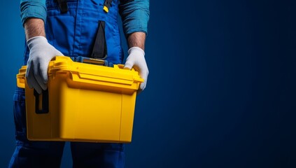 A worker wearing gloves holds a yellow tool box in one hand, representing readiness and safety for a construction or repair task, emphasizing protection and efficiency